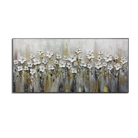 Handmade Gold Foil Abstract Oil Painting  Wall Art Modern Minimalist White Flowers Canvas Home Decorative For Living Room No Frame (size: 90X120cm)